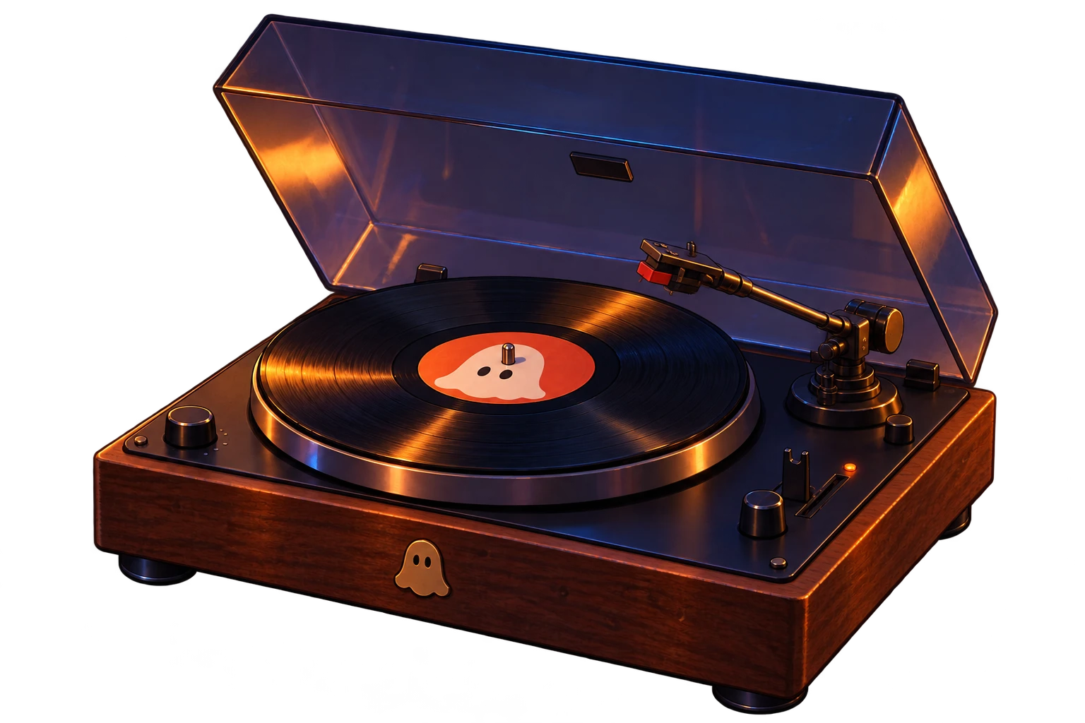 Ghost's walnut turntable with the dust cover open, a ghost-label record on the platter and the arm at rest.