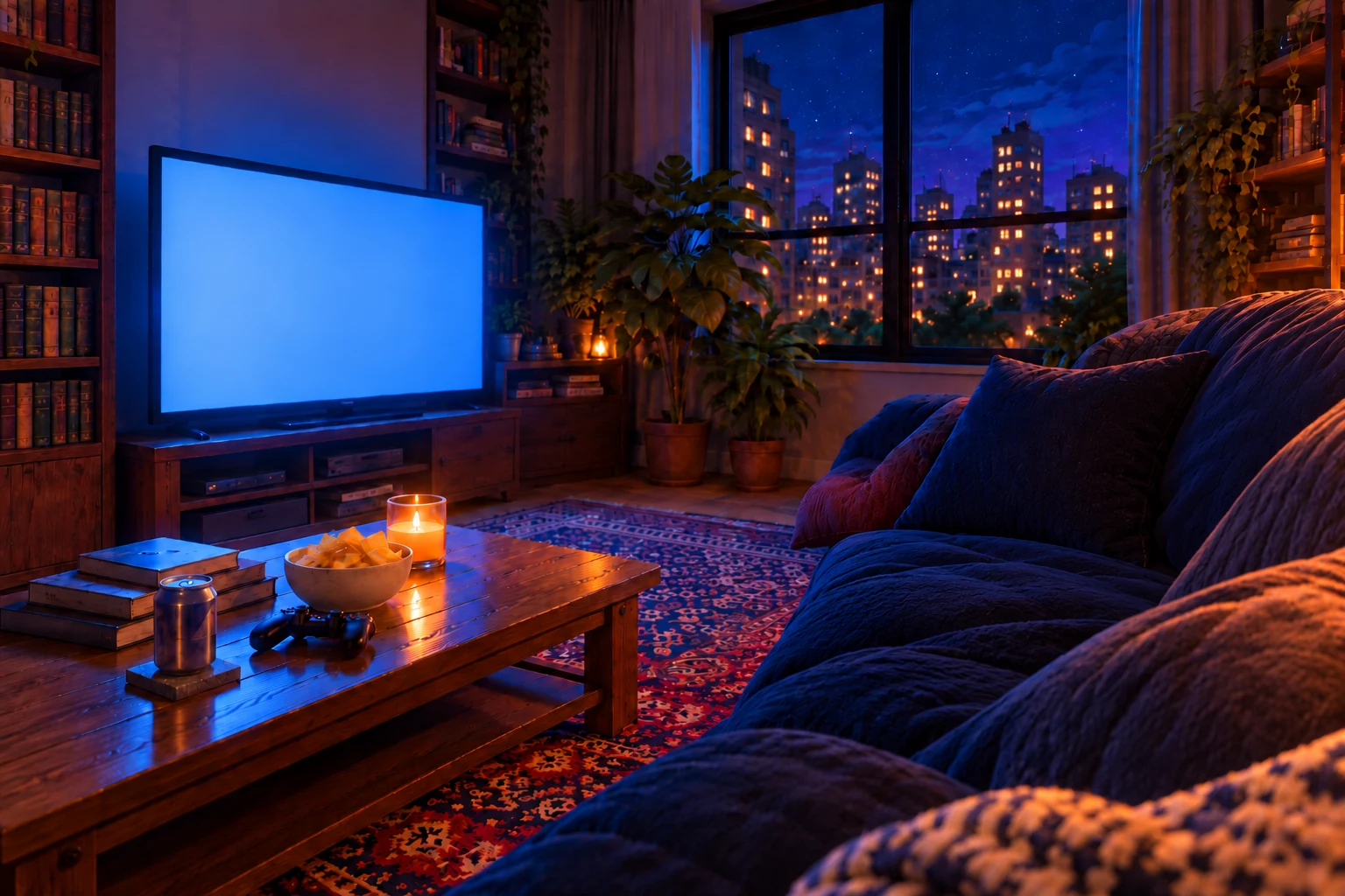 The view from the sofa next to Ghost: the TV across the coffee table, the city through the window, and Ghost beside you holding the remote.